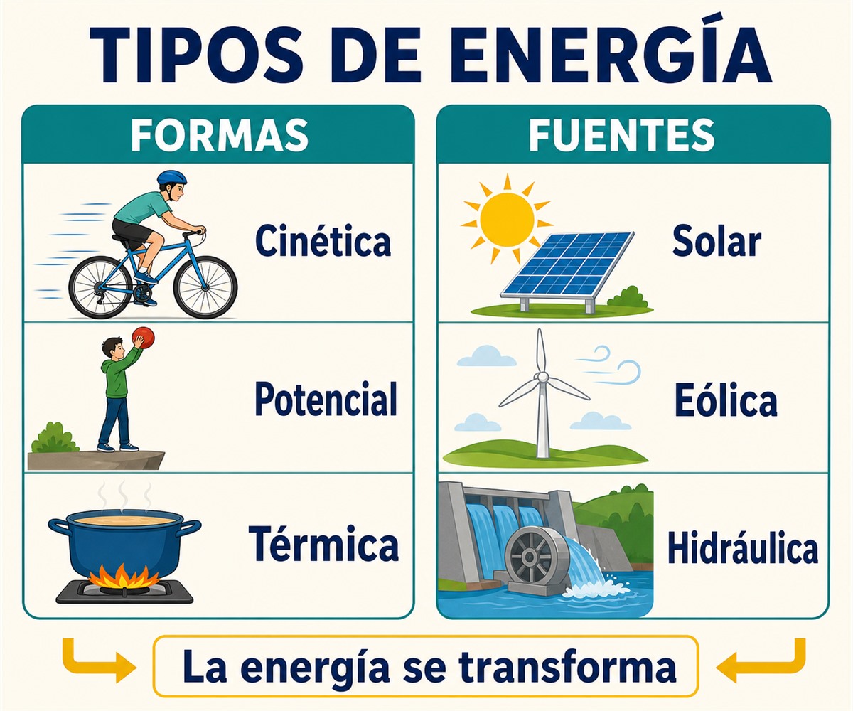 Infografía que distingue formas de energía —cinética, potencial y térmica— de fuentes como la solar, eólica e hidráulica.