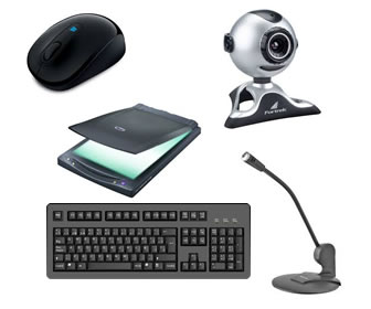 Ratón, cámara web, escáner, micrófono, teclado, dispositivos de entrada.