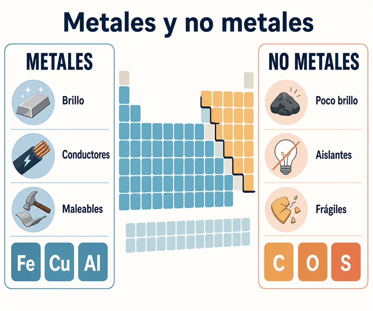 Infografía que compara brillo, conductividad y maleabilidad de los metales con propiedades generales de los no metales.