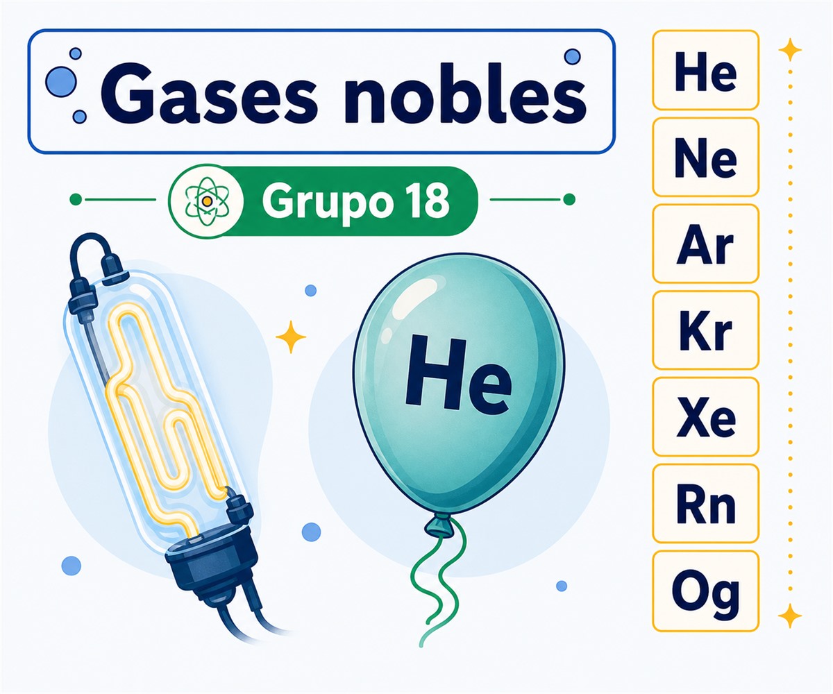 Infografía de gases nobles con los símbolos He, Ne, Ar, Kr, Xe, Rn y Og del grupo 18.