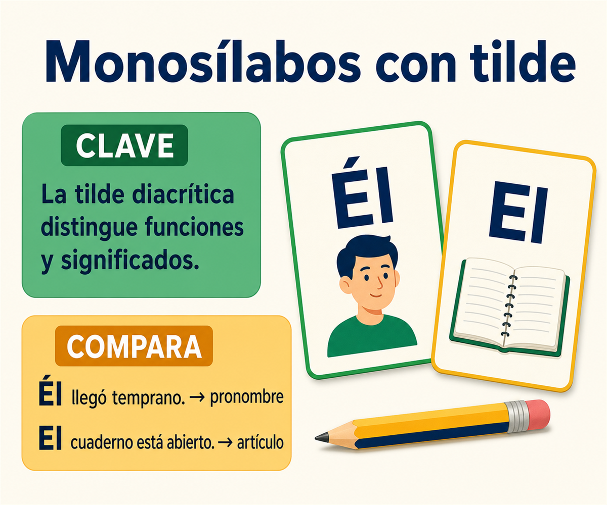 La tilde diacrítica distingue funciones: Él llegó temprano usa pronombre y El cuaderno está abierto usa artículo