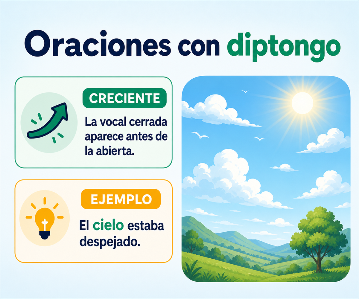En un diptongo creciente, la vocal cerrada aparece antes de la abierta; ejemplo: El cielo estaba despejado