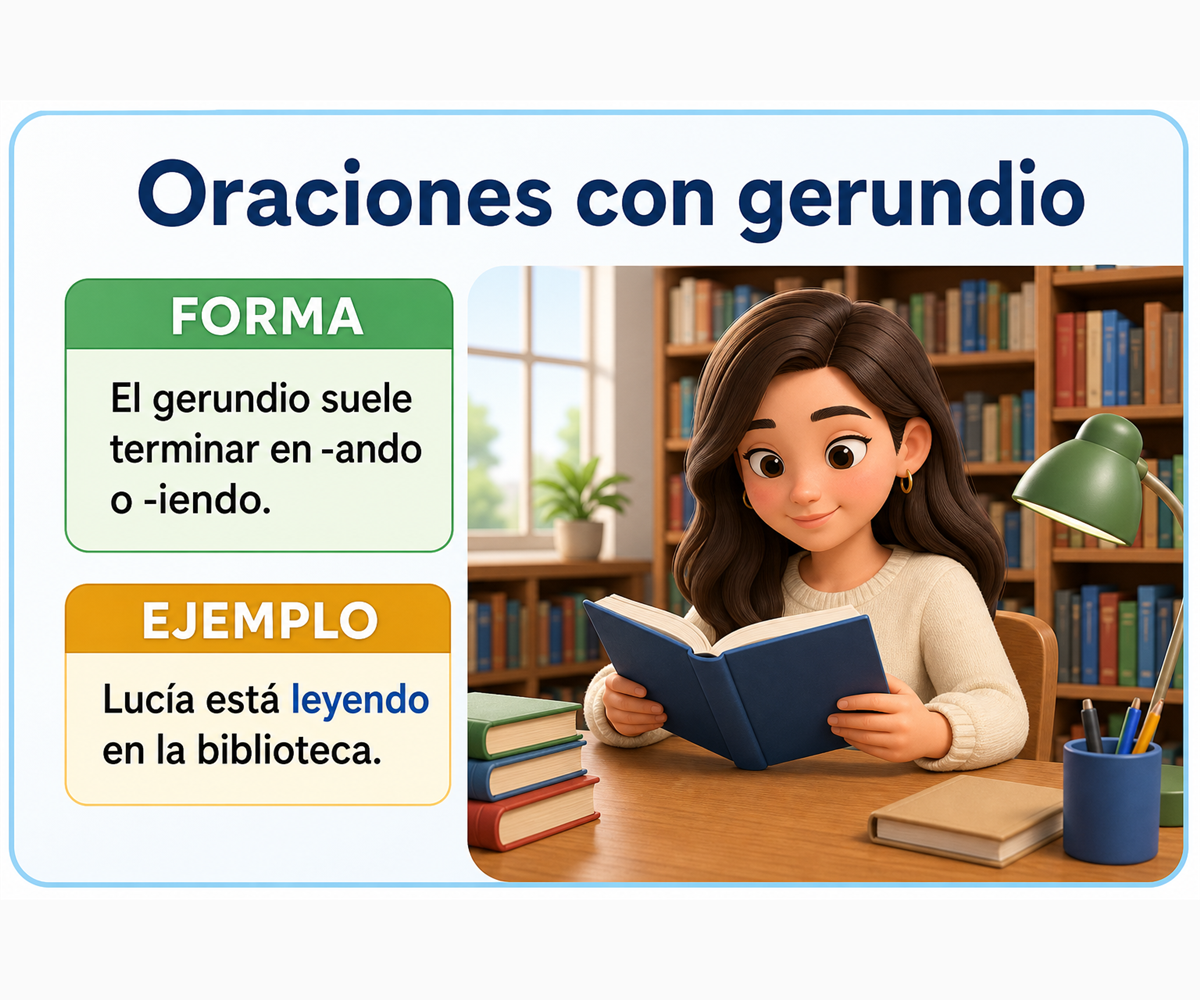 El gerundio suele terminar en -ando o -iendo; ejemplo: Lucía está leyendo en la biblioteca