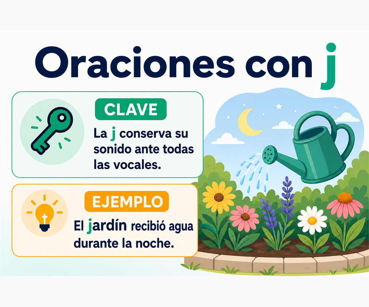 La j conserva su sonido ante todas las vocales; ejemplo: El jardín recibió agua durante la noche