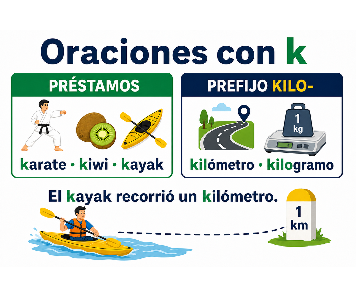 Infografía sobre el uso de la k en préstamos como karate, kiwi y kayak y en palabras con el prefijo kilo-.