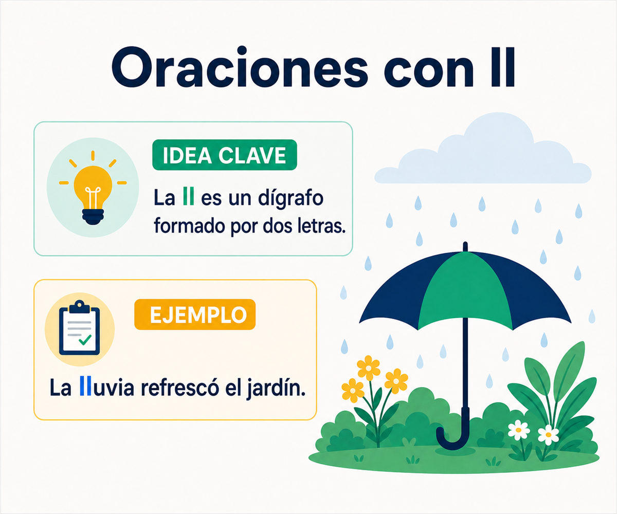 La ll es un dígrafo formado por dos letras; ejemplo: La lluvia refrescó el jardín