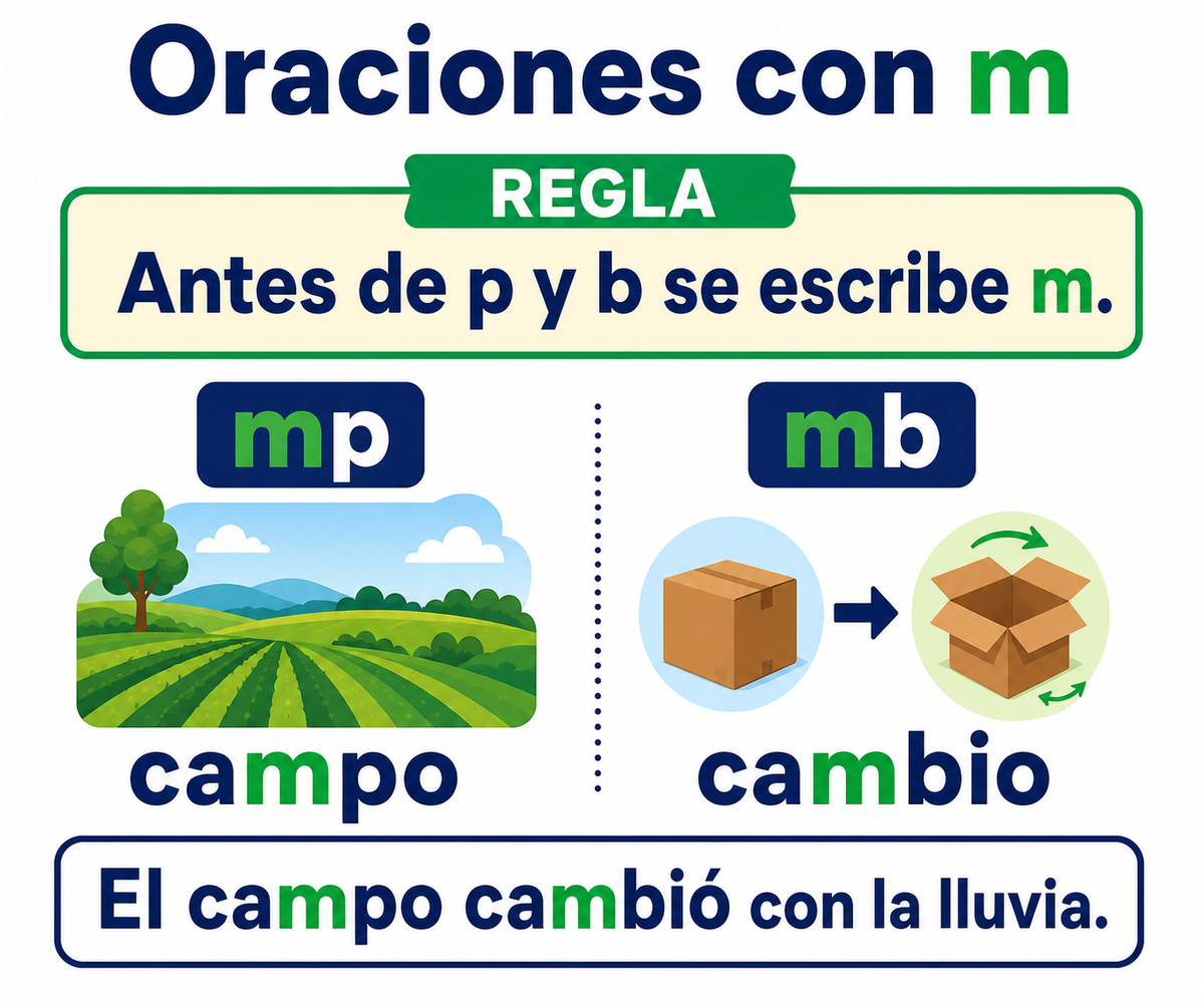 Infografía de la regla ortográfica que indica que antes de p y b se escribe m, con los ejemplos campo y cambio.