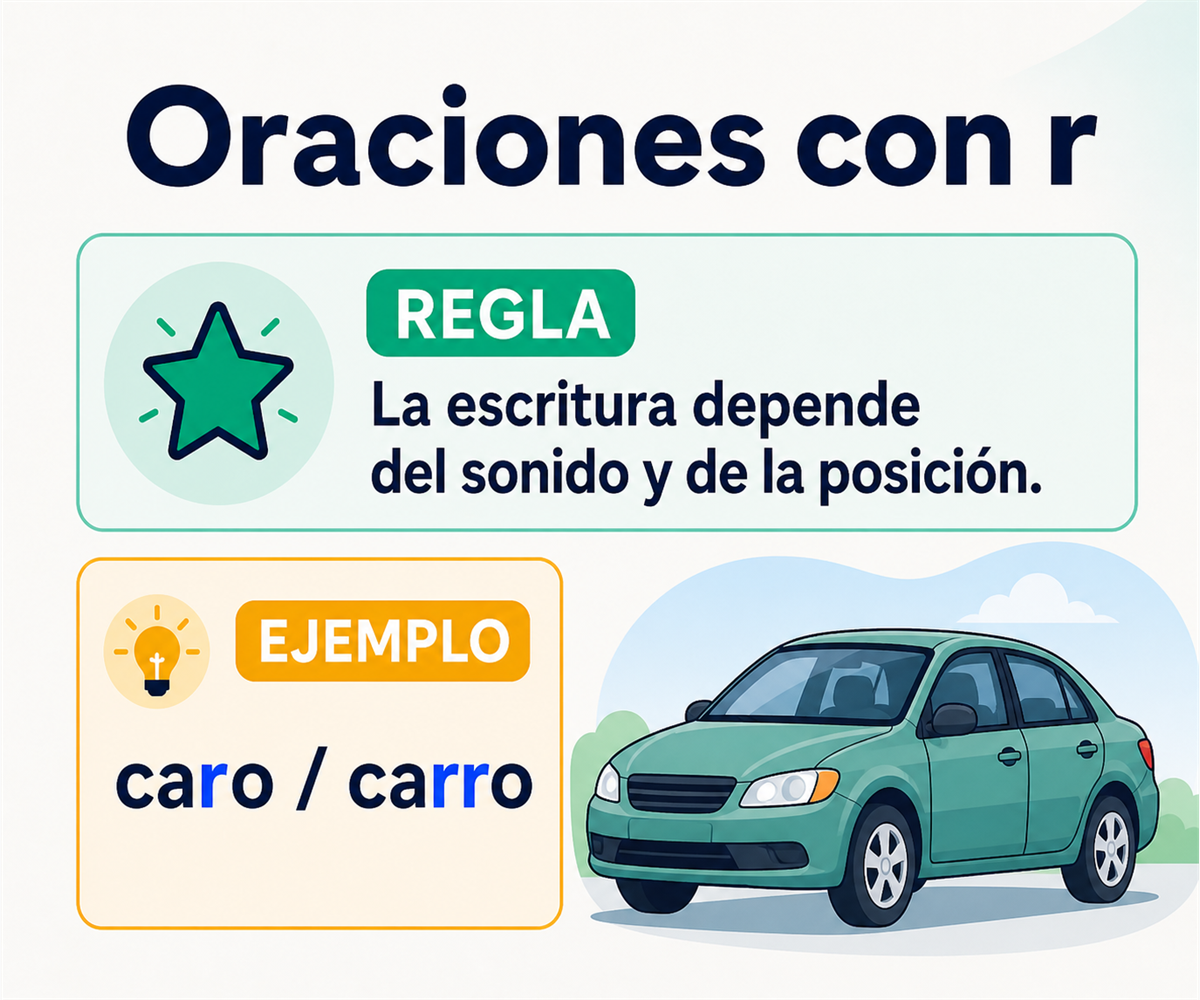 La escritura de r y rr depende del sonido y de la posición; contraste entre caro y carro