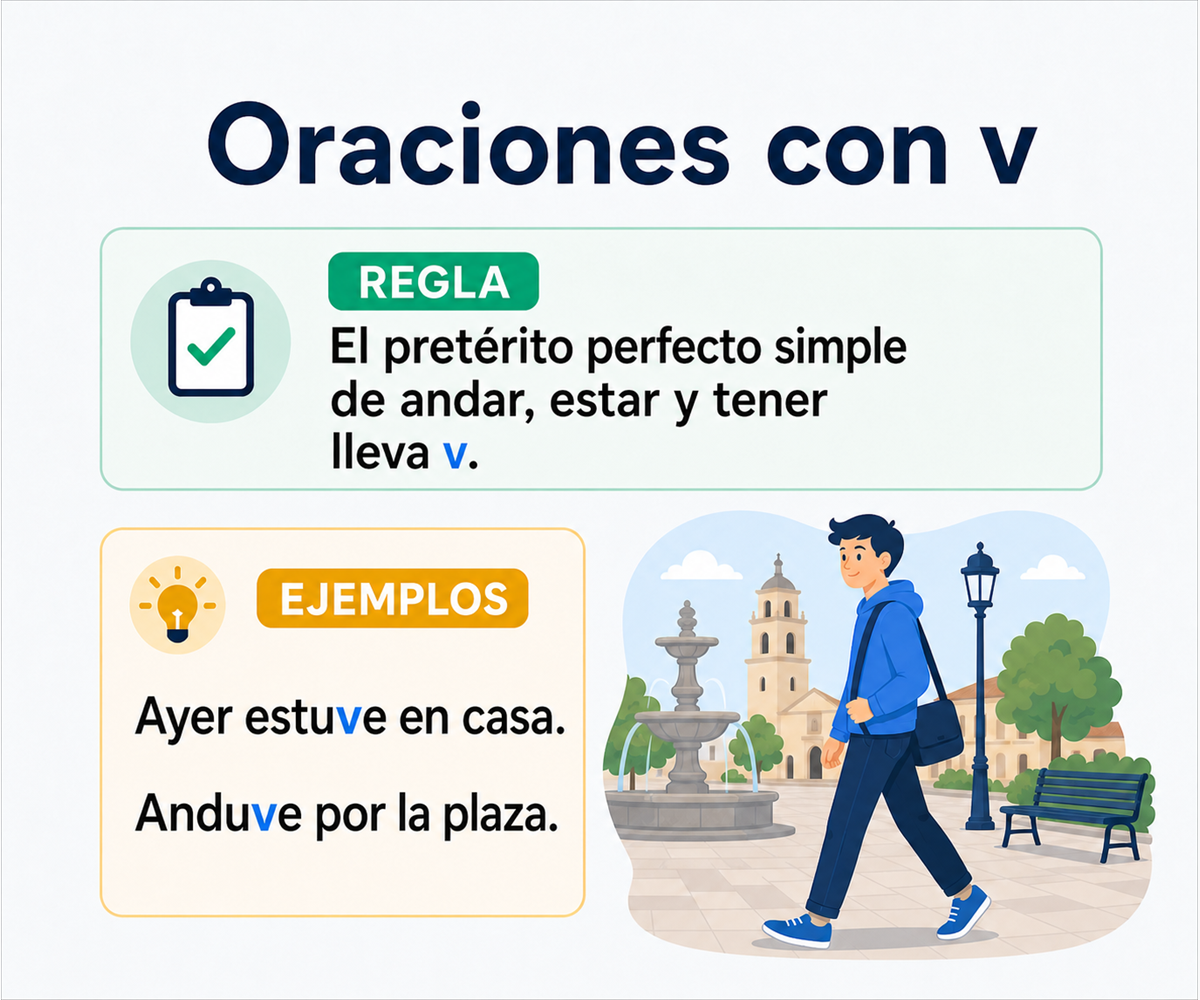 El pretérito perfecto simple de andar, estar y tener lleva v; ejemplos: estuve y anduve