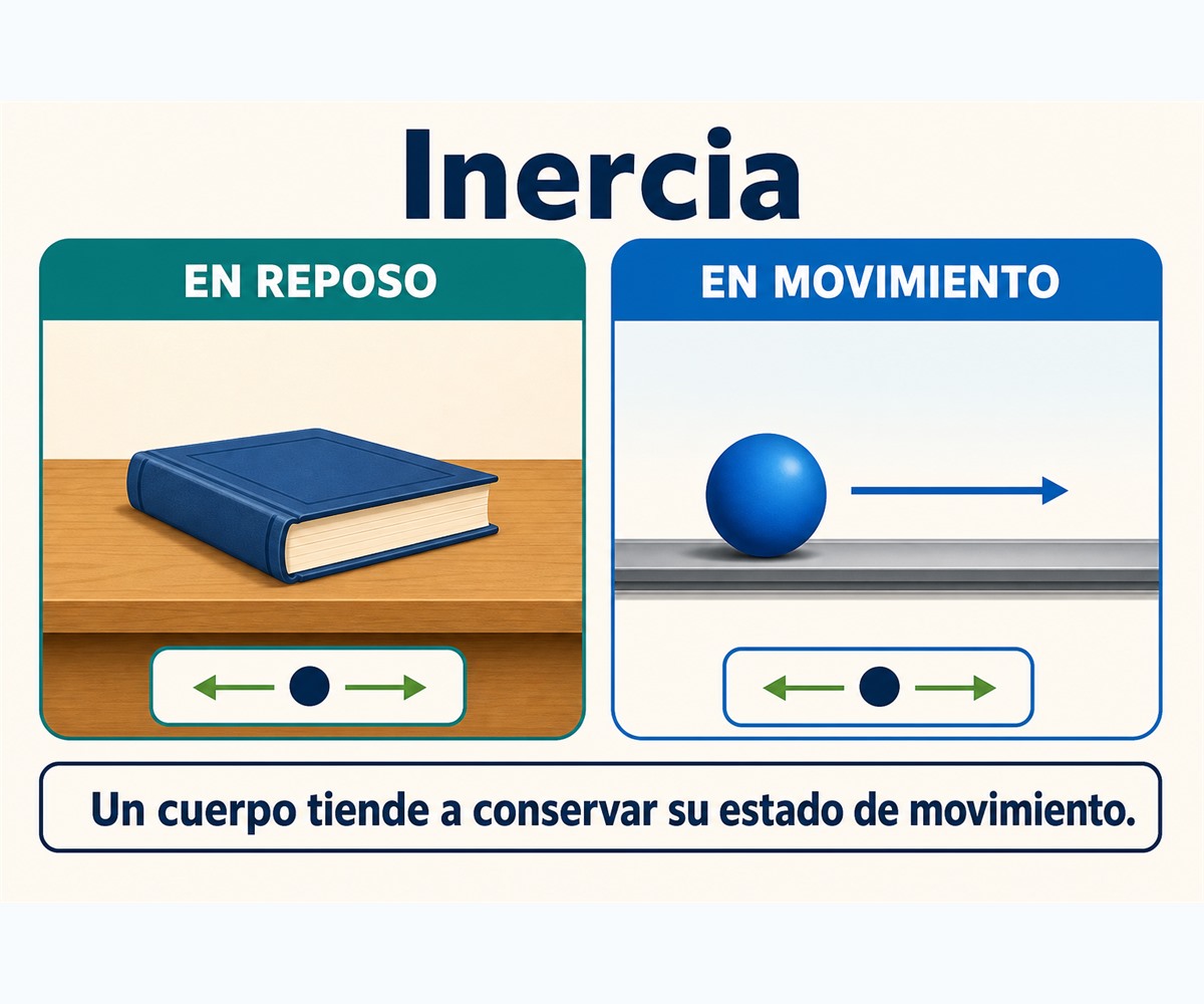 Infografía de inercia con un libro que permanece en reposo y una pelota que continúa moviéndose mientras no actúa una fuerza neta.