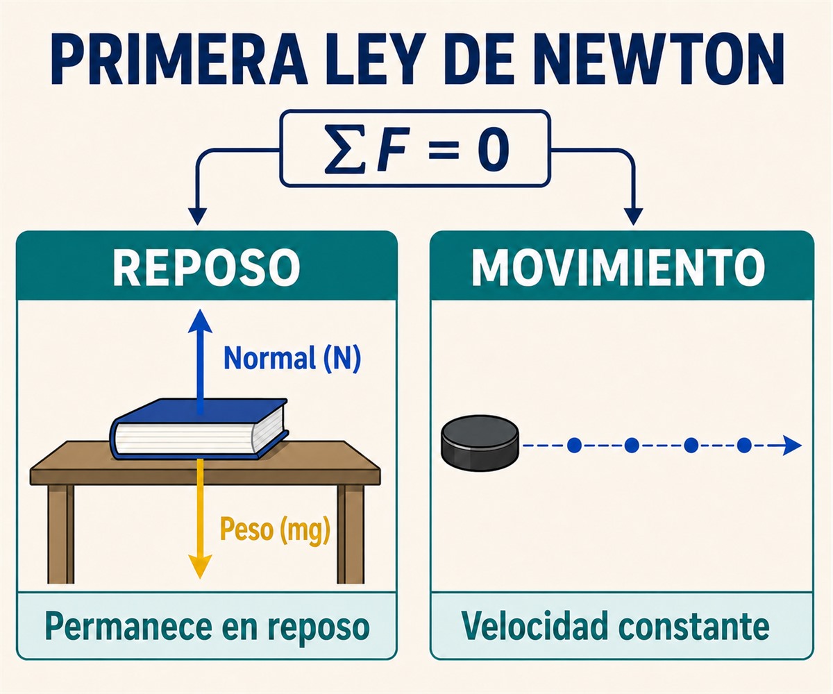 Infografía de la primera ley de Newton: con fuerza neta cero un objeto permanece en reposo o se mueve con velocidad constante.