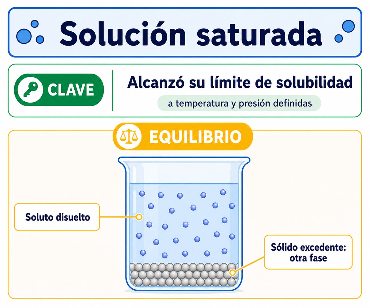 Infografía de una solución saturada que distingue el soluto disuelto del sólido excedente como una fase separada.