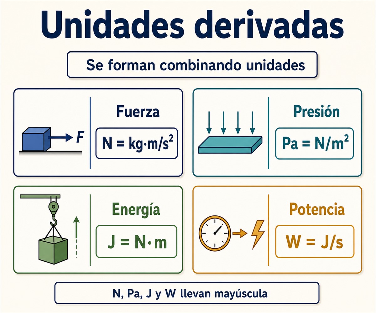Infografía de unidades derivadas que relaciona newton, pascal, julio y vatio con sus expresiones en unidades del Sistema Internacional.