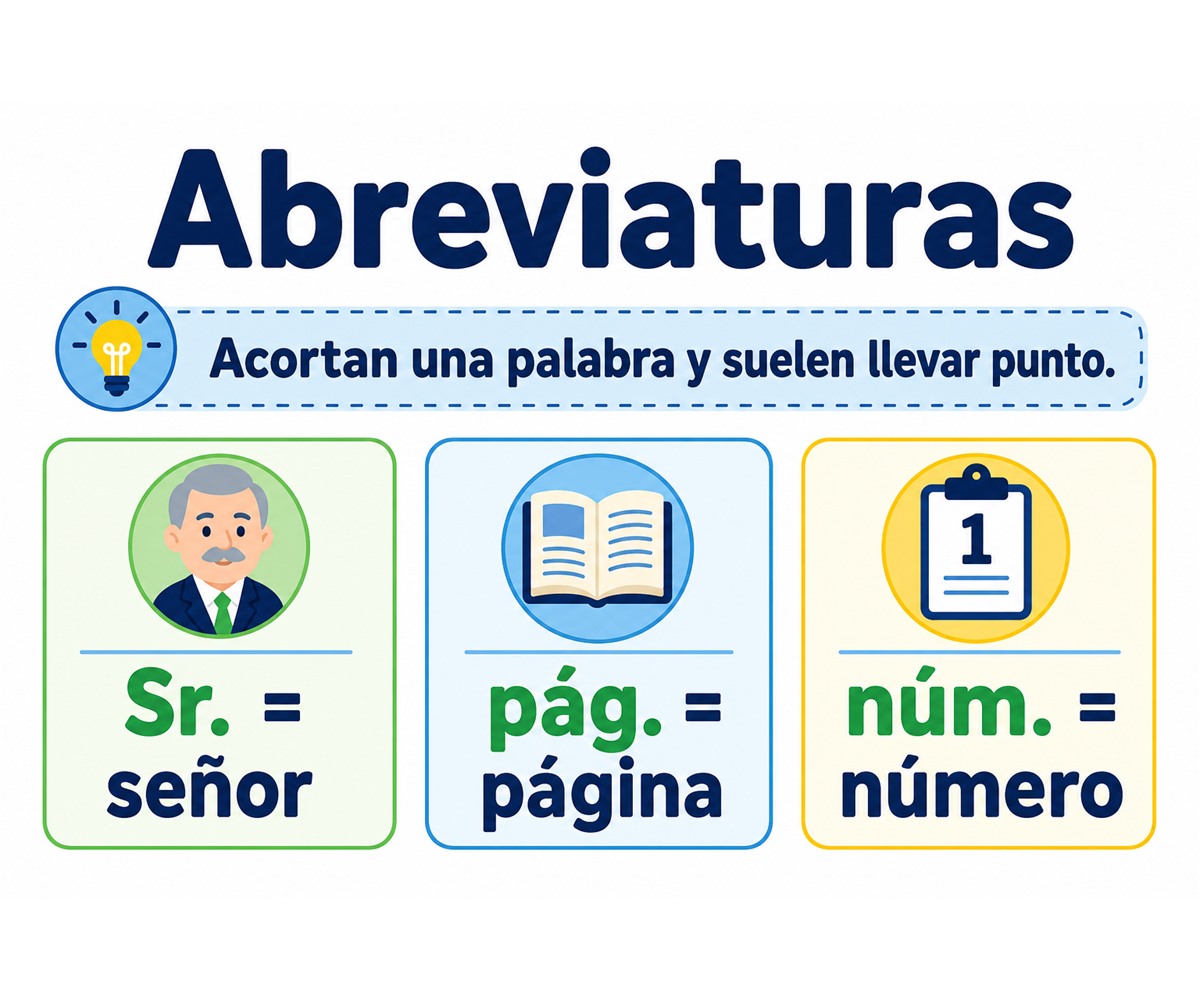 Infografía con ejemplos de abreviaturas y su escritura con punto.