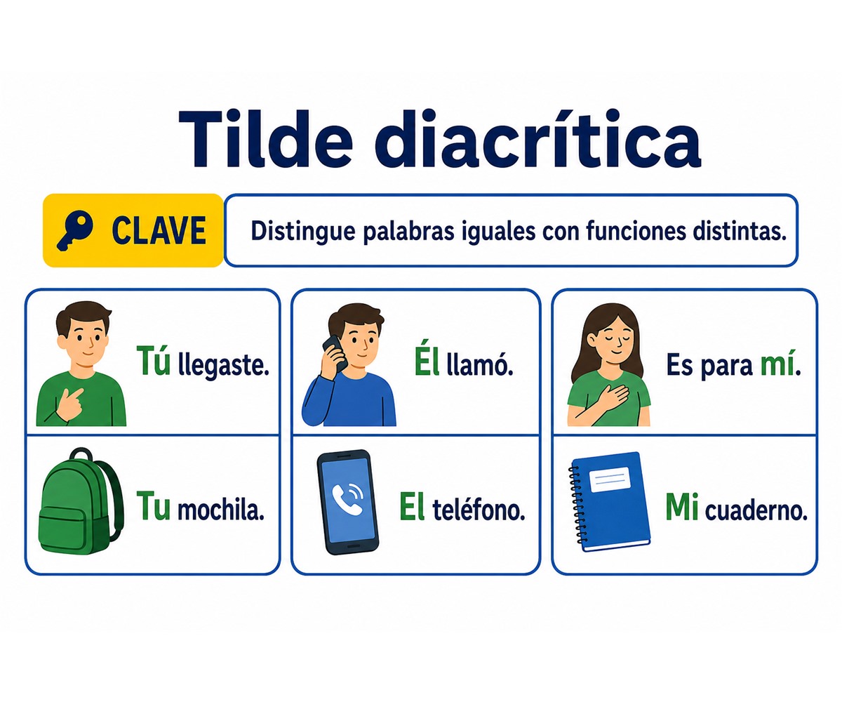 Infografía de tilde diacrítica con los pares tú y tu, él y el, mí y mi en oraciones que muestran funciones distintas.