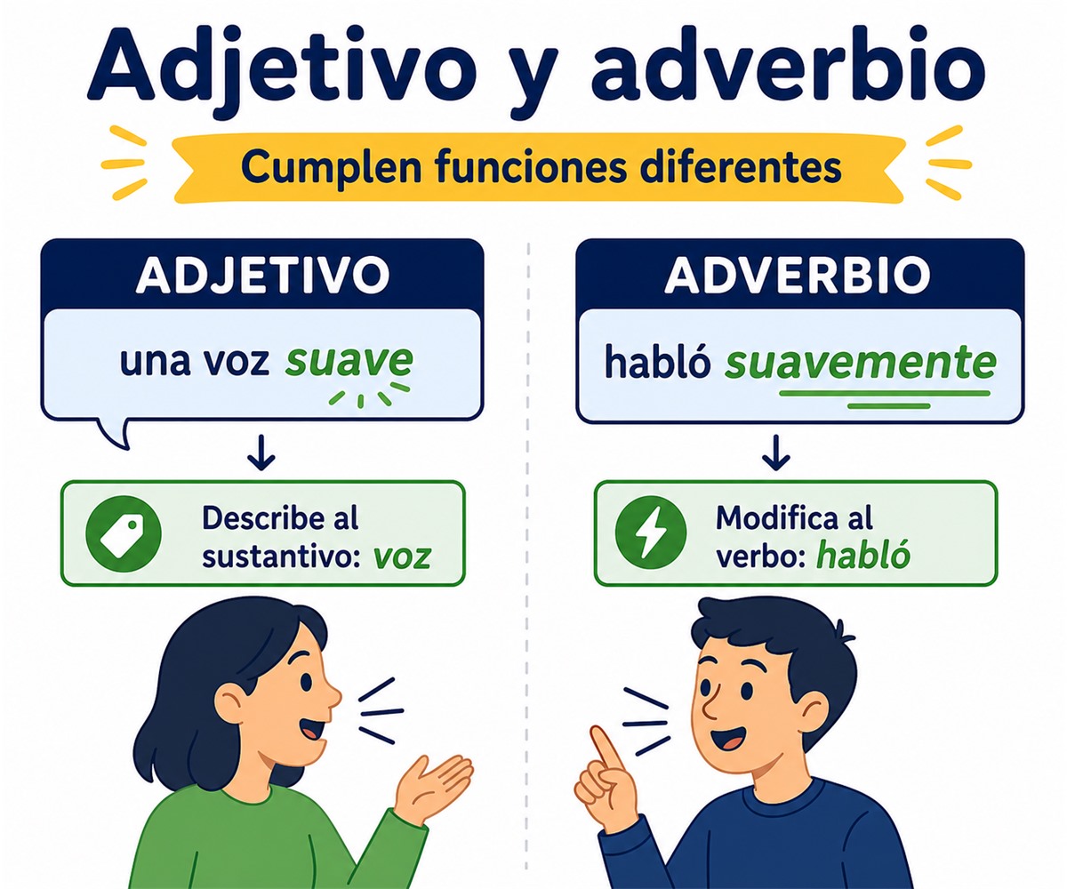 Infografía comparativa del adjetivo que describe un sustantivo y el adverbio que modifica un verbo.