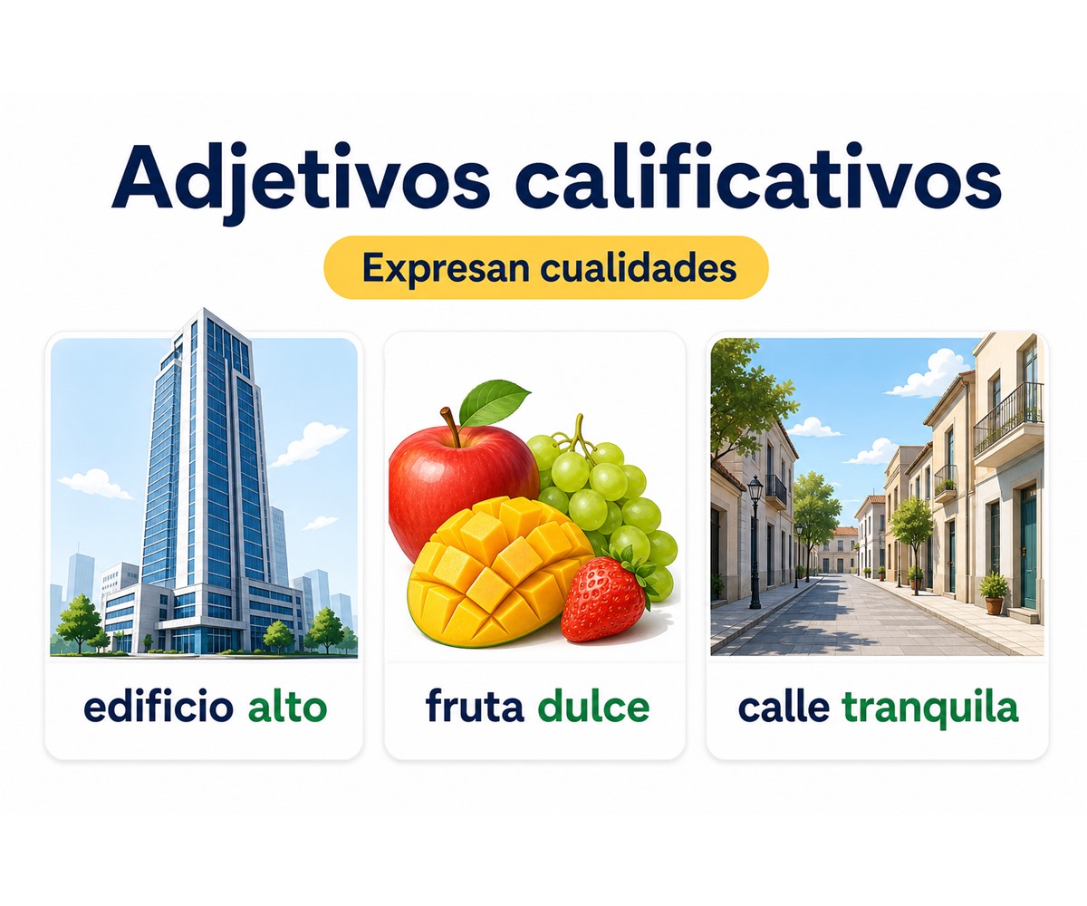 Infografía de adjetivos calificativos: edificio alto, fruta dulce y calle tranquila muestran cualidades del sustantivo.