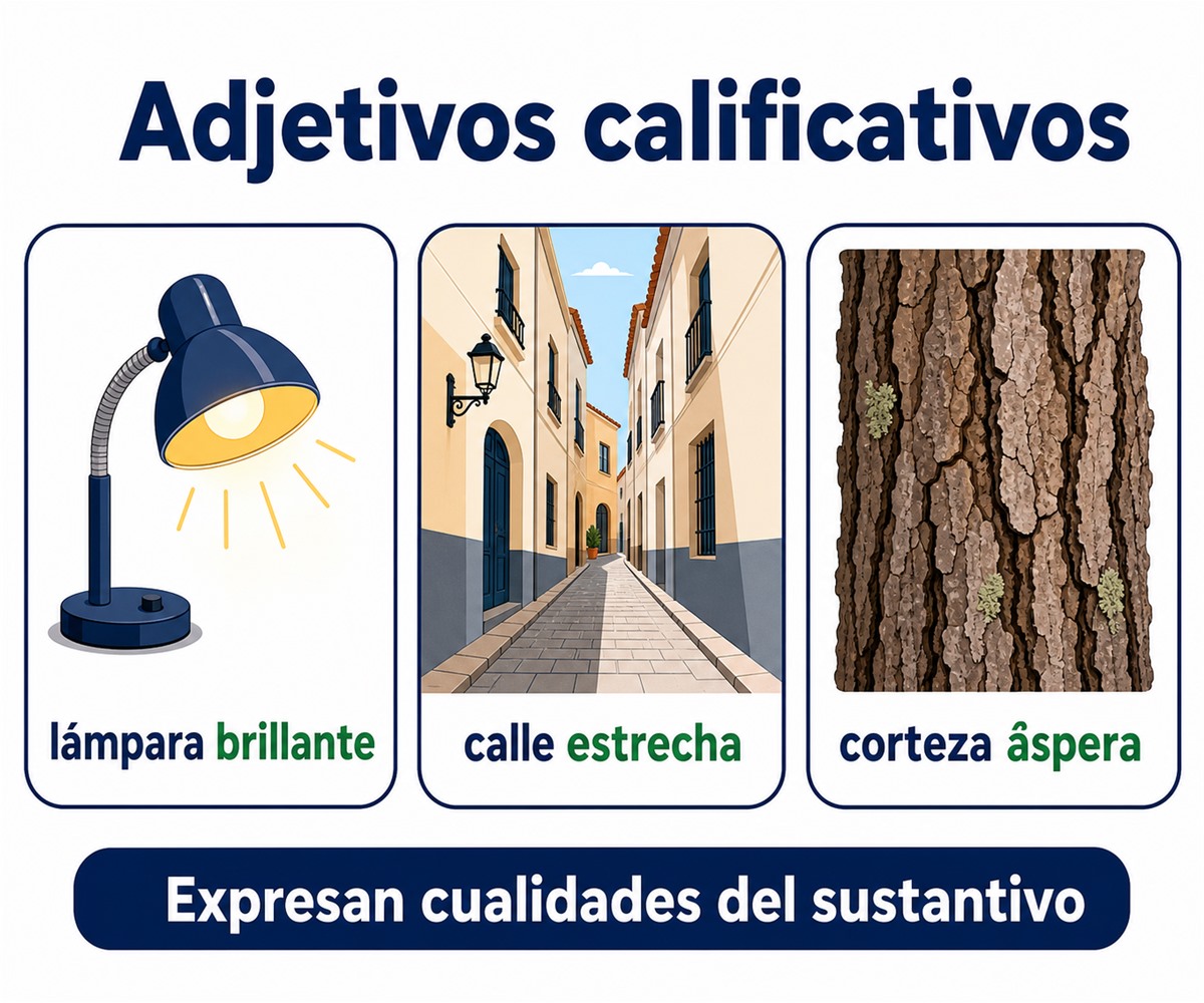 Infografía de adjetivos calificativos que expresan cualidades de distintos sustantivos dentro de oraciones.