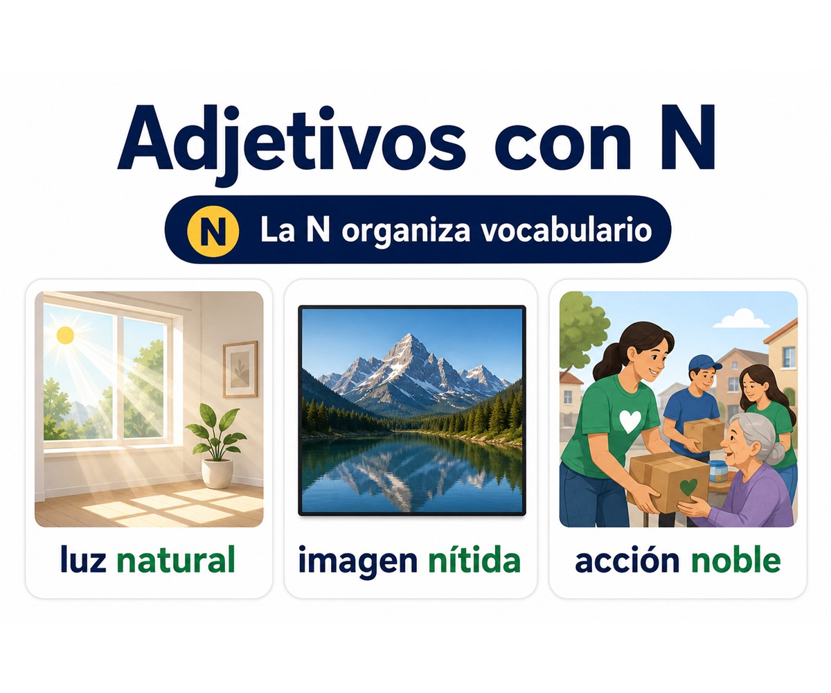 Infografía de adjetivos con N: luz natural, imagen nítida y acción noble en contexto.