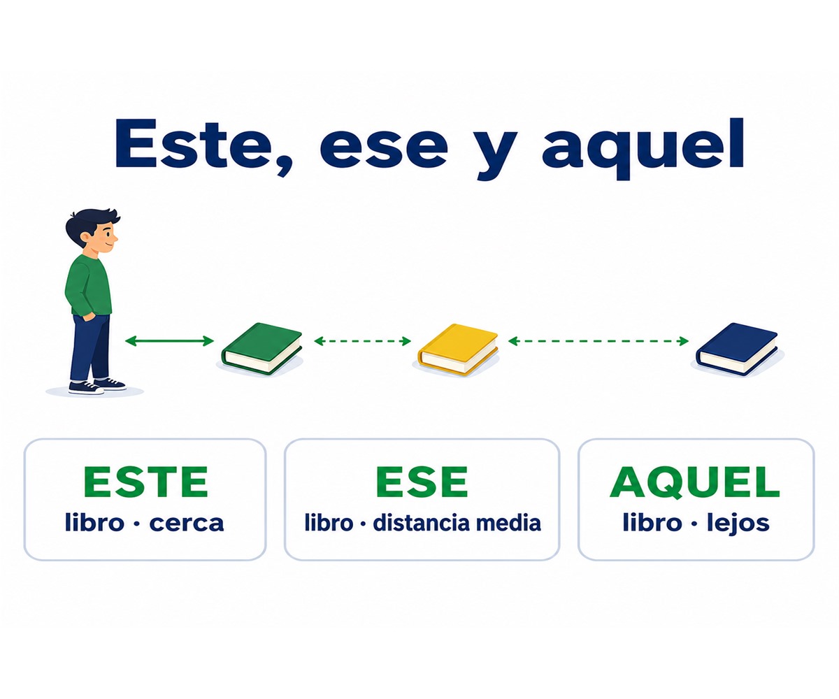 Infografía de este, ese y aquel: un libro cercano, otro a distancia media y otro lejano.