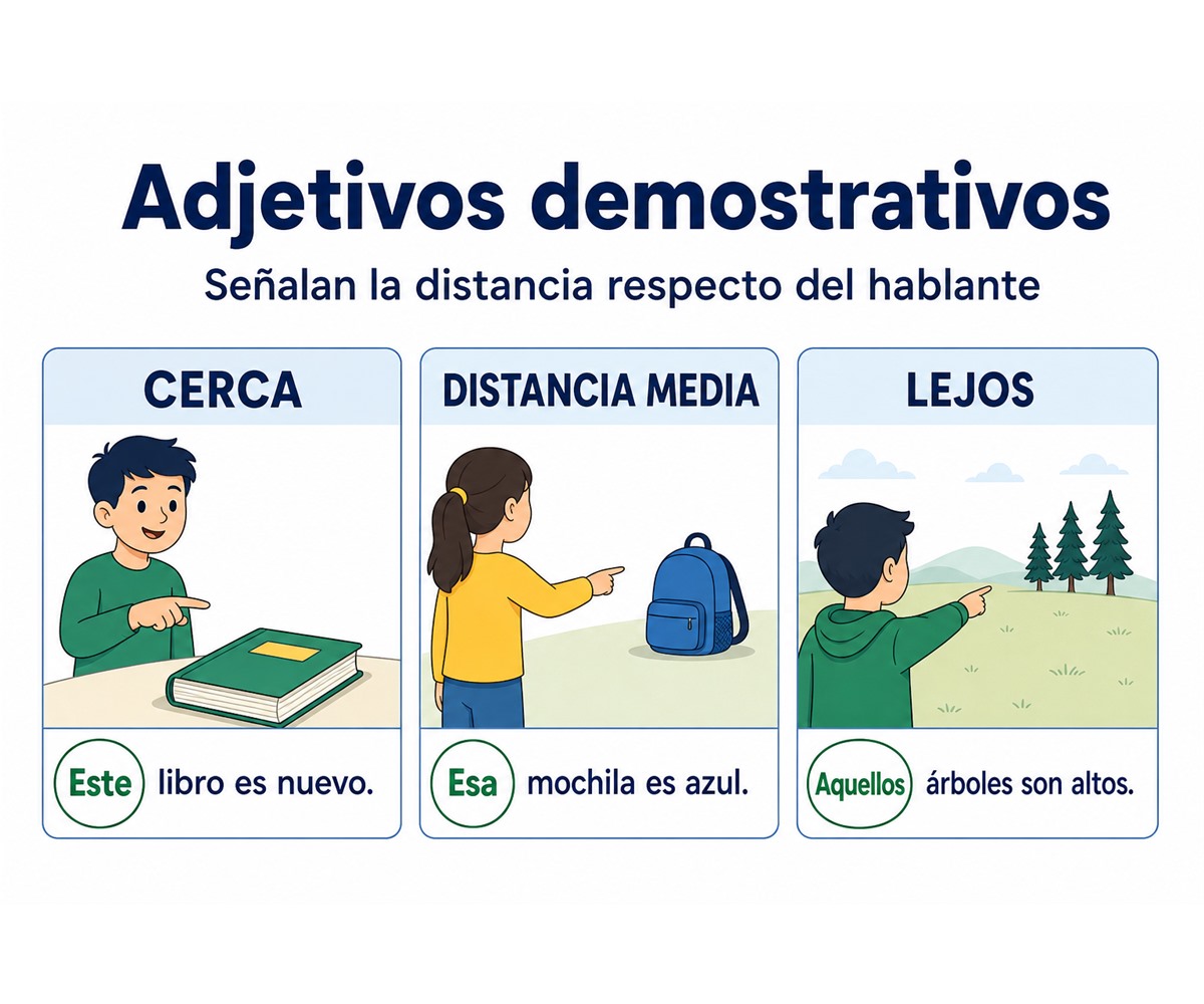 Infografía de adjetivos demostrativos para señalar cercanía, distancia media y lejanía.
