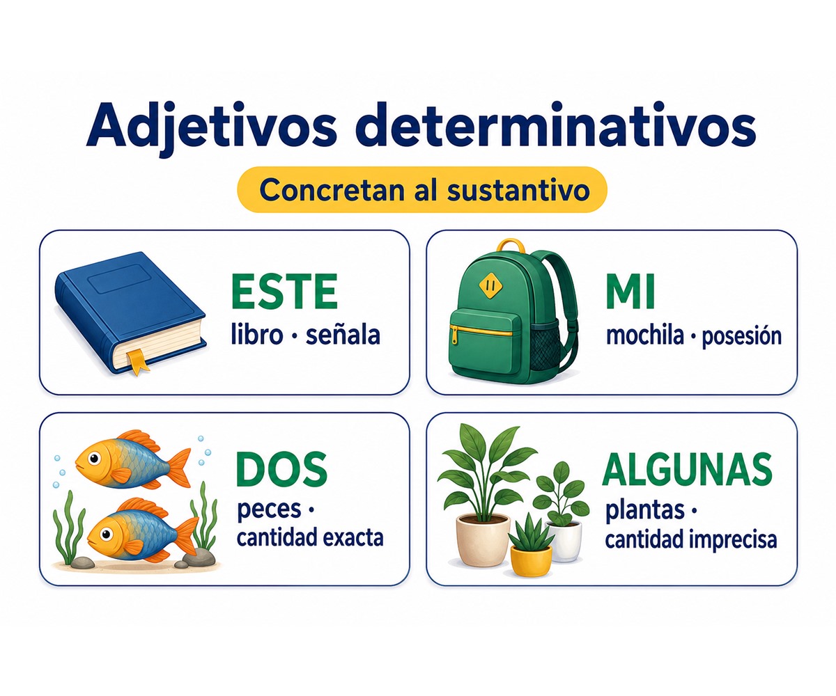 Infografía de adjetivos determinativos: este libro, mi mochila, dos peces y algunas plantas concretan al sustantivo.