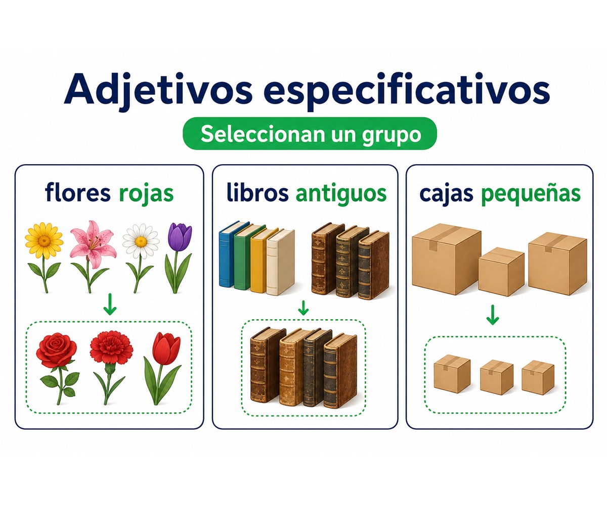 Infografía de adjetivos especificativos: flores rojas, libros antiguos y cajas pequeñas seleccionan un grupo.