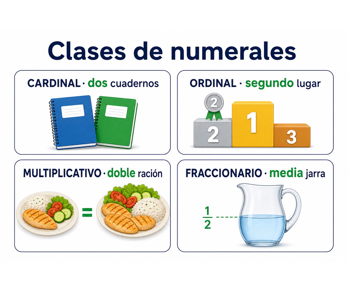 Infografía de numerales: dos cuadernos, segundo lugar, doble ración y media jarra representan cardinal, ordinal, multiplicativo y fraccionario.