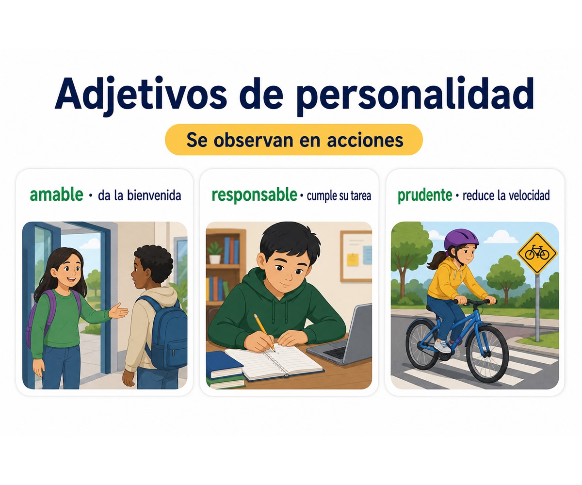 Infografía de adjetivos de personalidad: amable, responsable y prudente se reconocen mediante acciones observables.