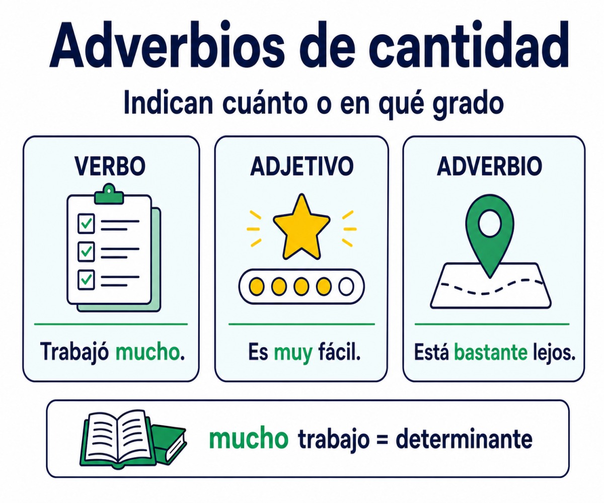 Infografía de adverbios de cantidad que muestra cómo modifican verbos, adjetivos y otros adverbios.