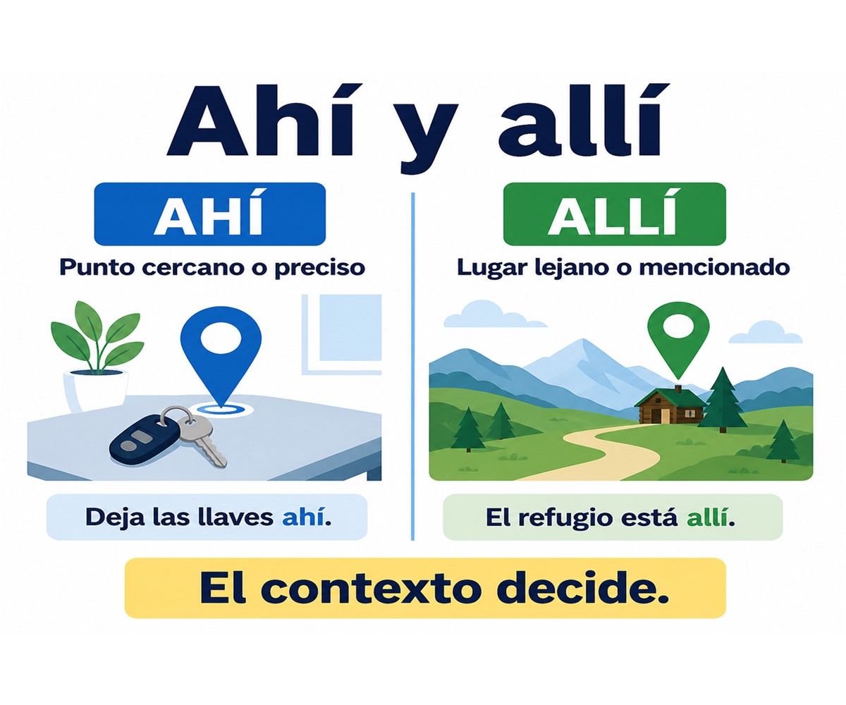 Infografía comparativa: ahí señala un punto cercano o preciso y allí un lugar lejano o mencionado; el contexto decide.