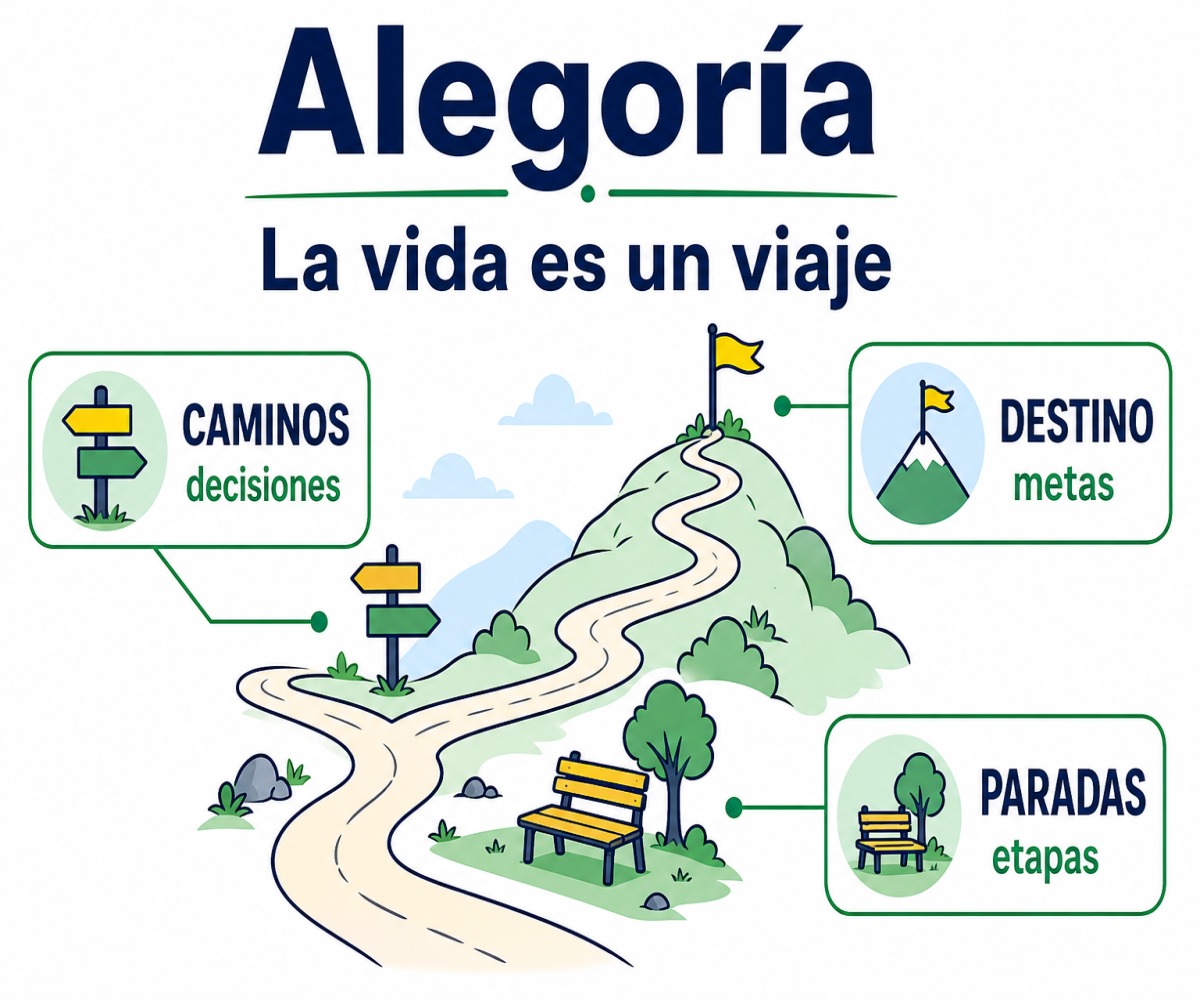 Infografía de alegoría que representa la vida como un viaje con caminos, paradas y destino.