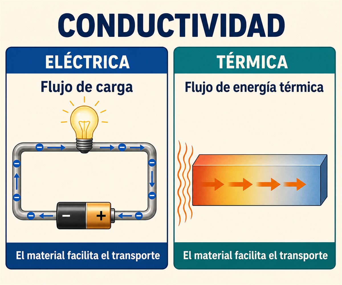 Infografía que compara la conductividad eléctrica en un circuito con la conductividad térmica en una barra calentada.