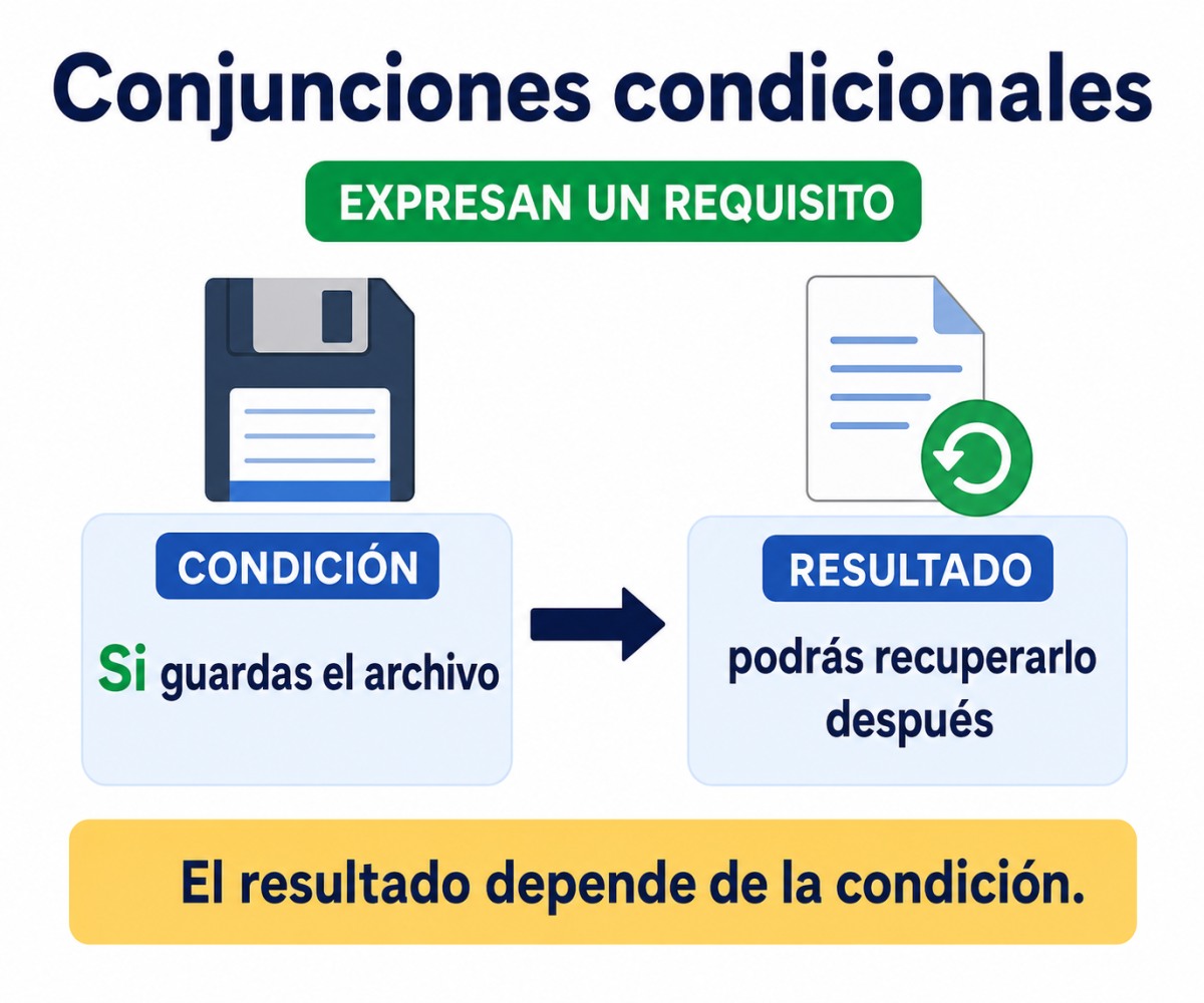 Infografía de conjunciones condicionales con un requisito introducido por si y su resultado.