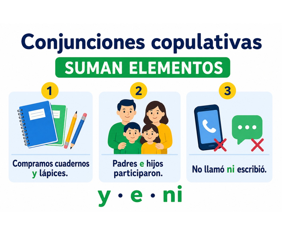 Infografía de conjunciones copulativas con ejemplos de y, e y ni.