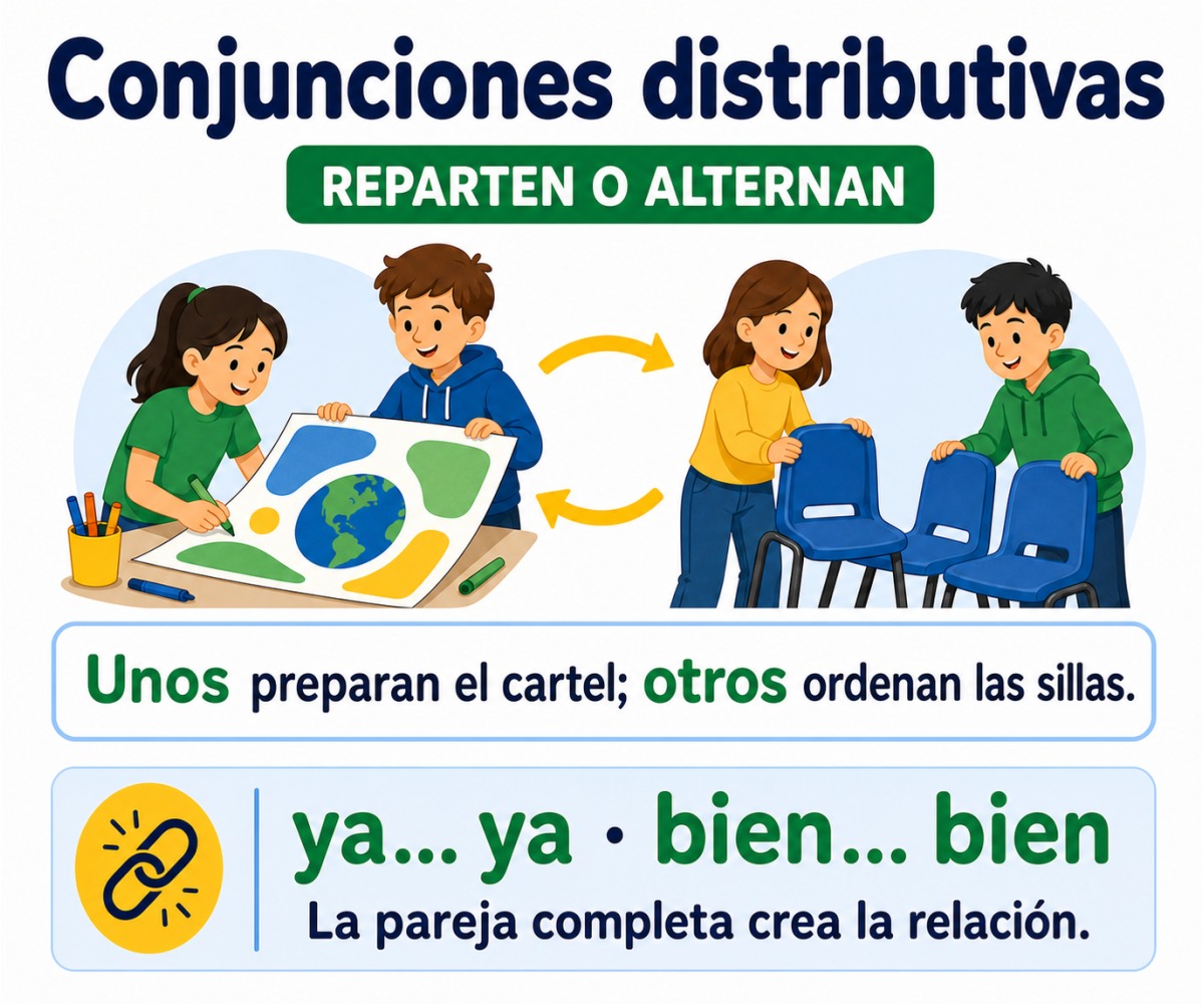 Infografía de construcciones distributivas con unos y otros, ya… ya y bien… bien.