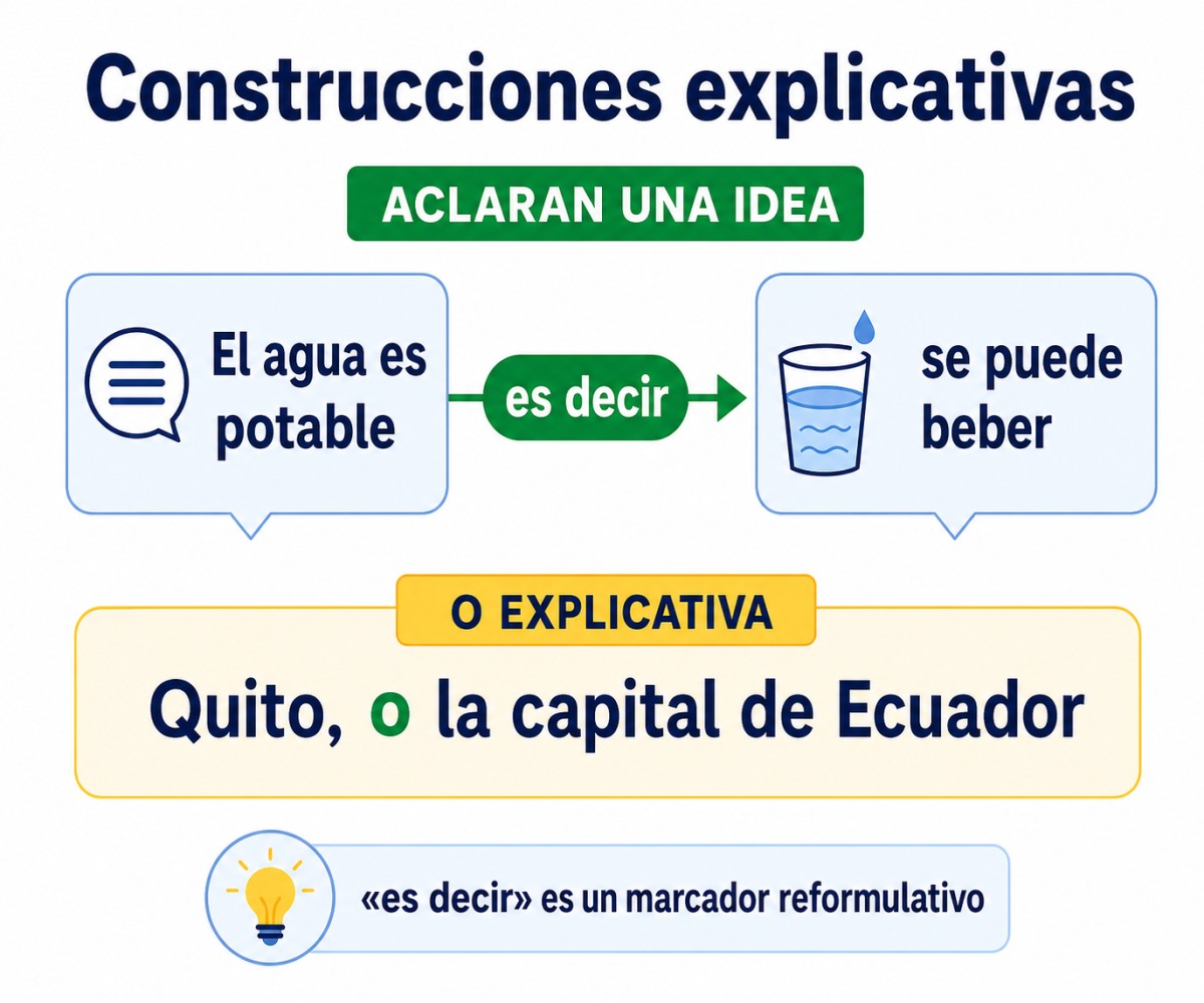 Infografía de construcciones explicativas con es decir como marcador reformulativo y o con valor explicativo.