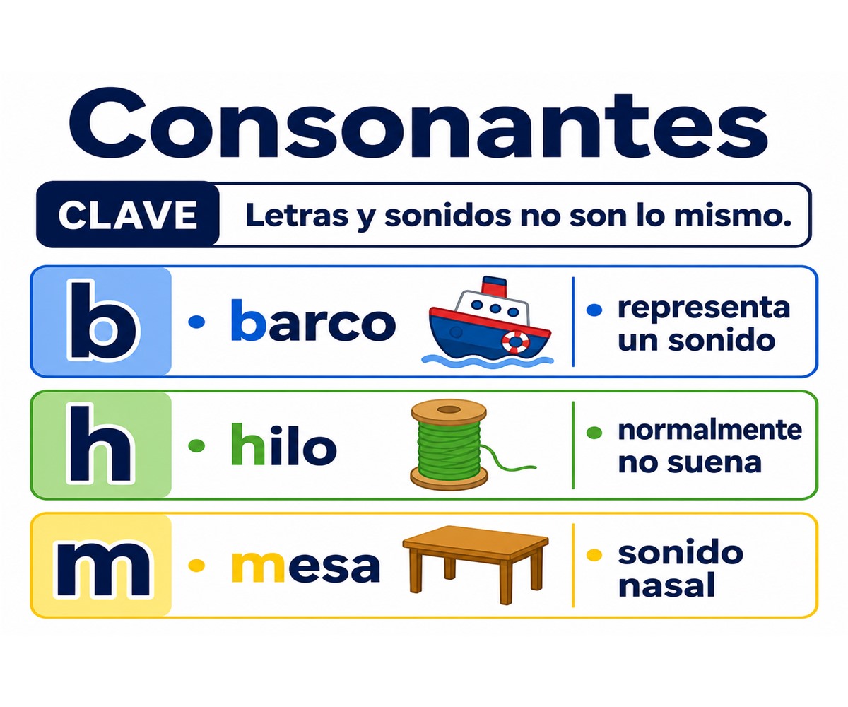 Infografía de consonantes con b en barco, h en hilo y m en mesa para distinguir letras y sonidos.