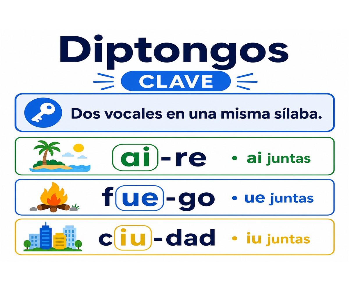 Infografía de diptongos: aire, fuego y ciudad mantienen dos vocales dentro de una misma sílaba.