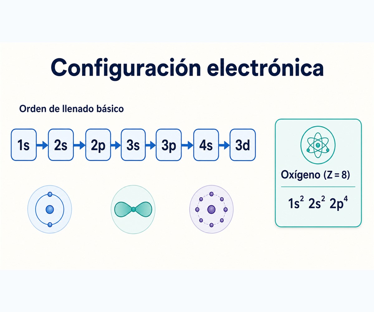 Infografía del orden de llenado 1s, 2s, 2p, 3s, 3p, 4s y 3d con la configuración electrónica del oxígeno.