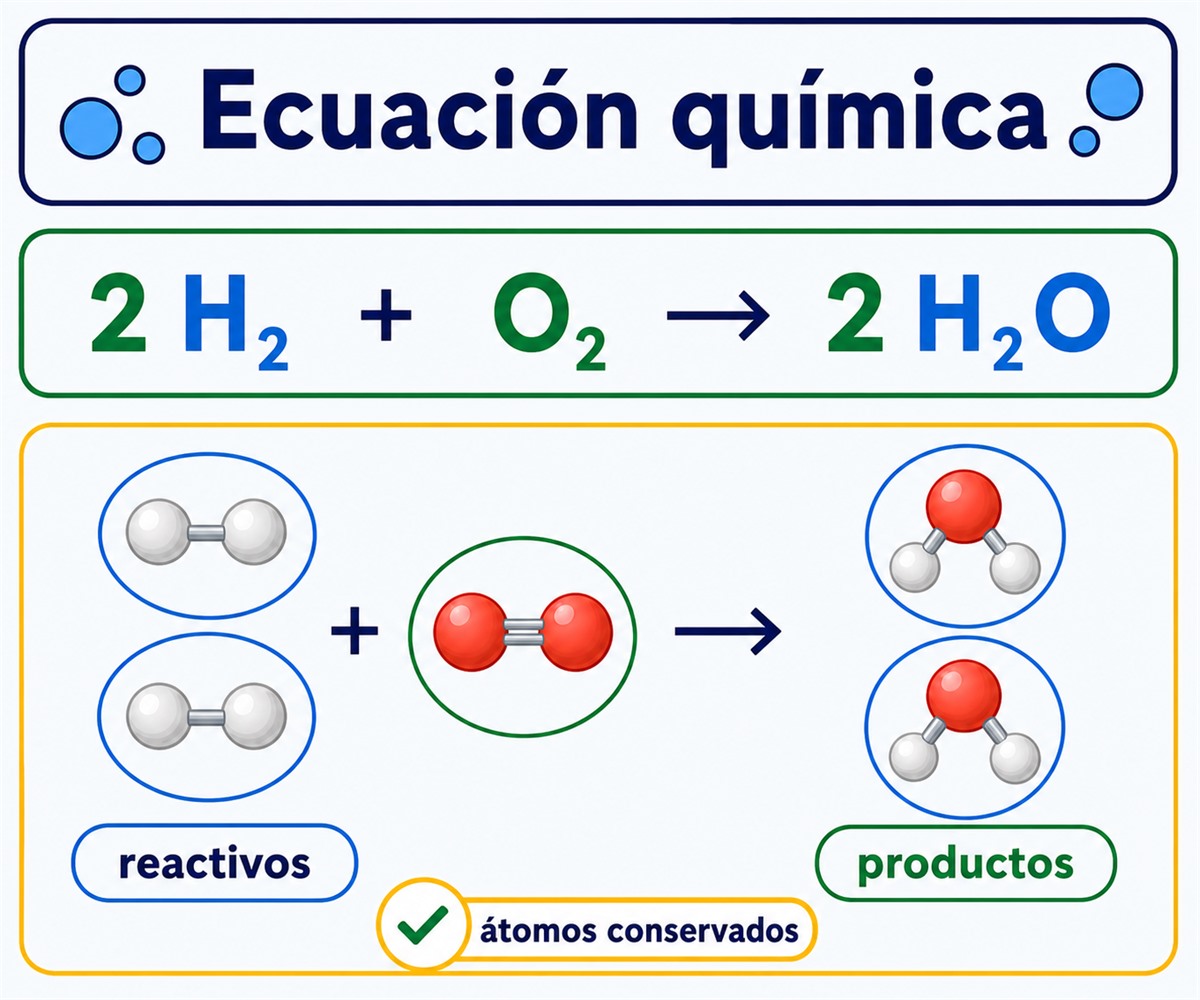 Infografía de la ecuación balanceada 2 H₂ más O₂ para formar 2 H₂O, con reactivos y productos.
