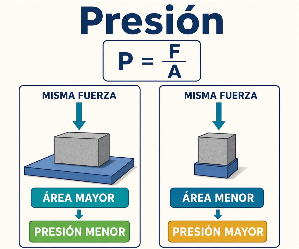 Infografía de presión que compara la misma fuerza aplicada sobre un área grande y una pequeña mediante la fórmula P = F/A.