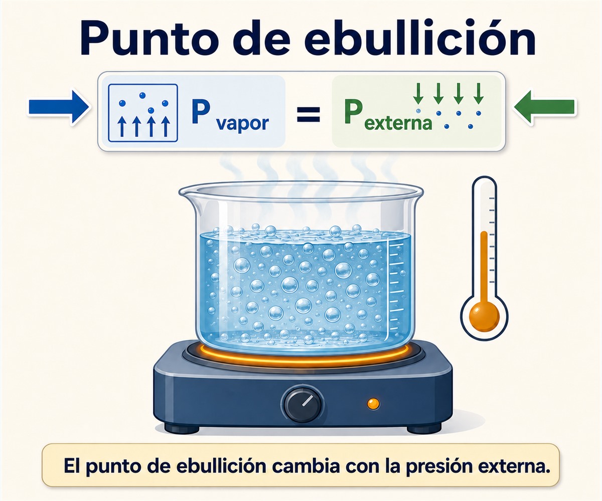 Infografía del punto de ebullición que representa un líquido hirviendo cuando su presión de vapor iguala la presión externa.