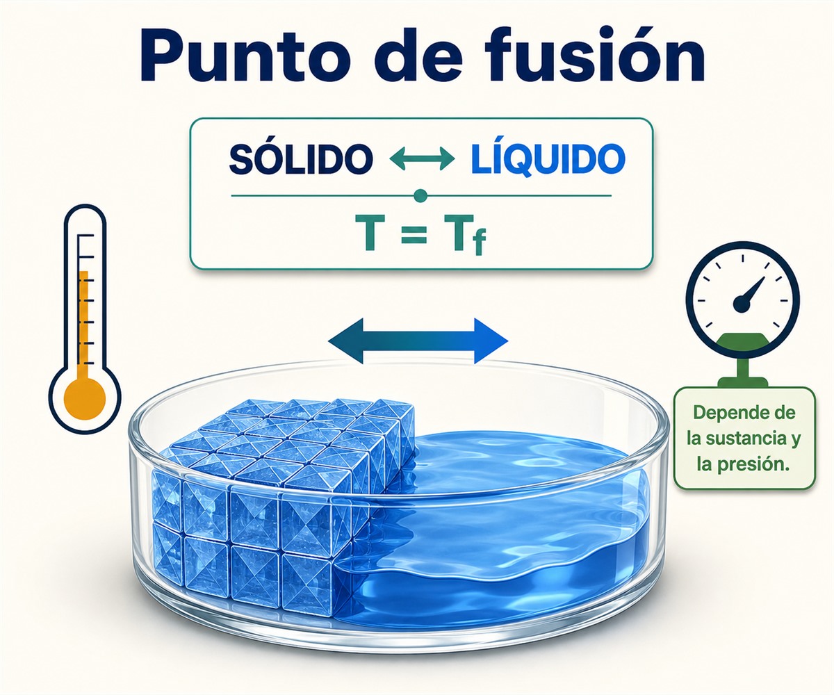 Infografía del punto de fusión que representa el equilibrio entre una sustancia sólida y líquida a una temperatura definida.
