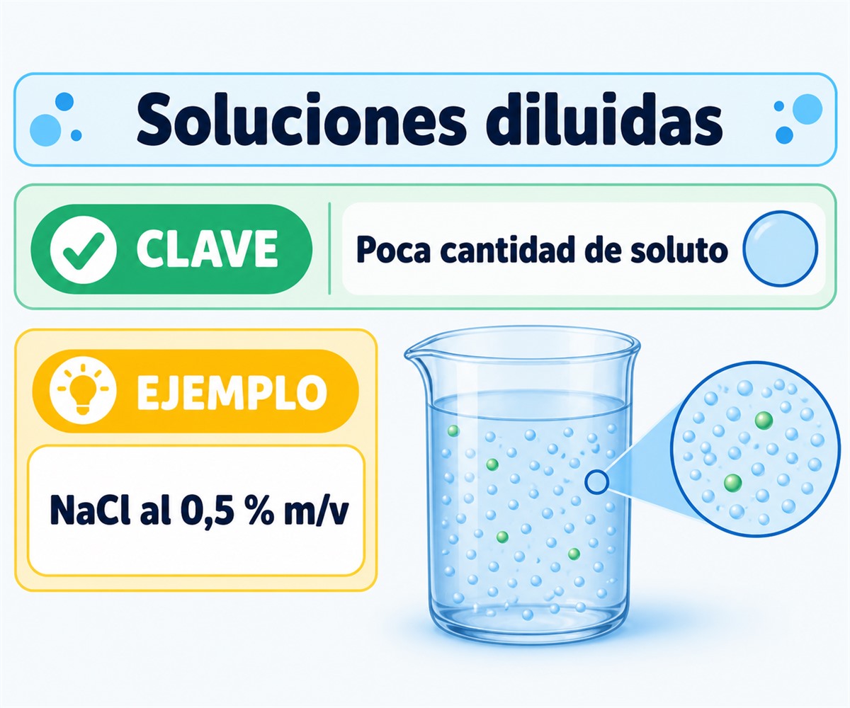 Infografía de una solución diluida con poca cantidad de soluto y NaCl al 0,5 % m/v como ejemplo.