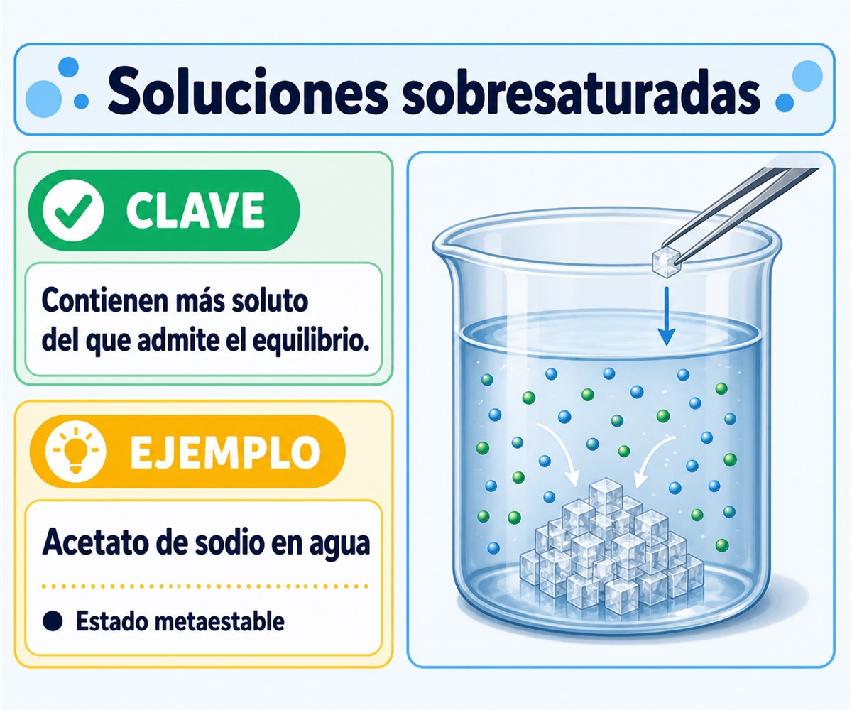 Infografía de una solución sobresaturada de acetato de sodio que cristaliza al introducir un cristal semilla.