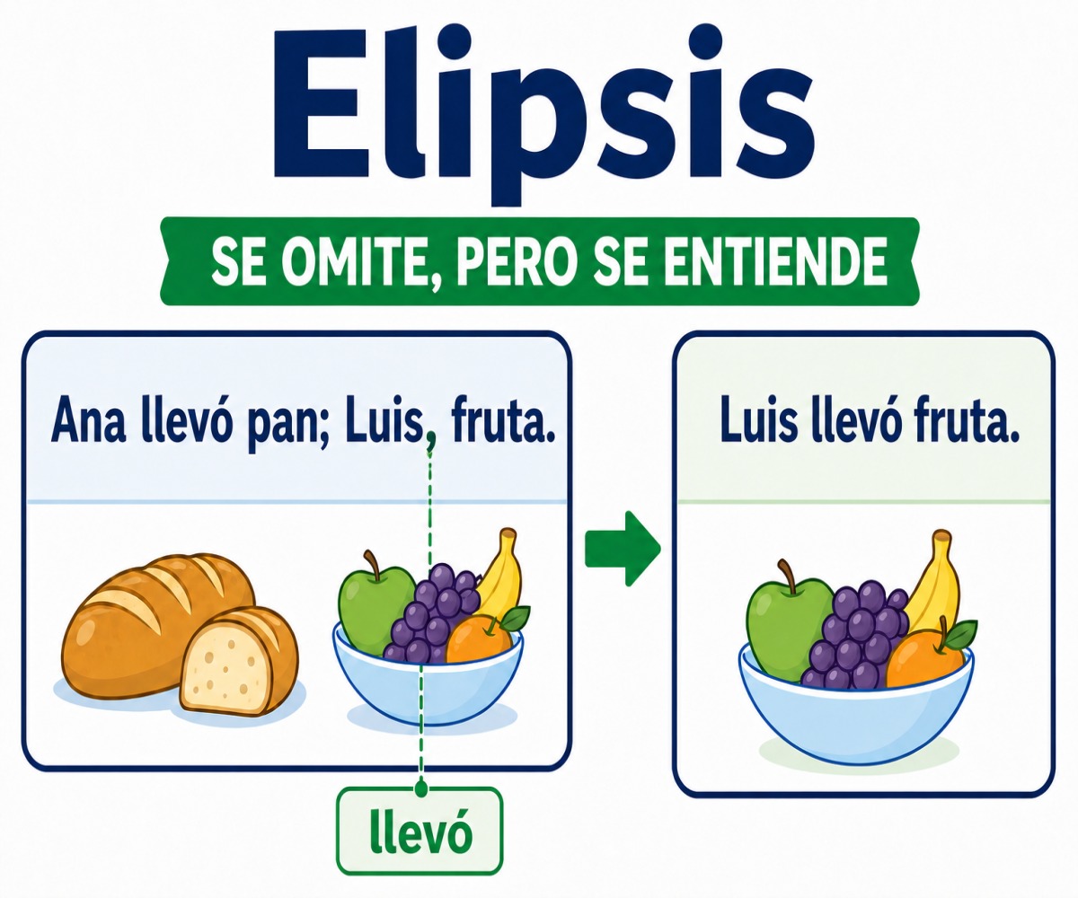 Infografía de elipsis que recupera el verbo «llevó» en «Ana llevó pan; Luis, fruta».