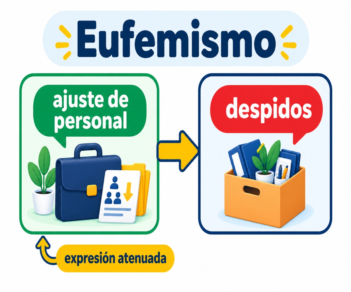 Infografía de eufemismo que relaciona la expresión atenuada «ajuste de personal» con la realidad directa «despidos».