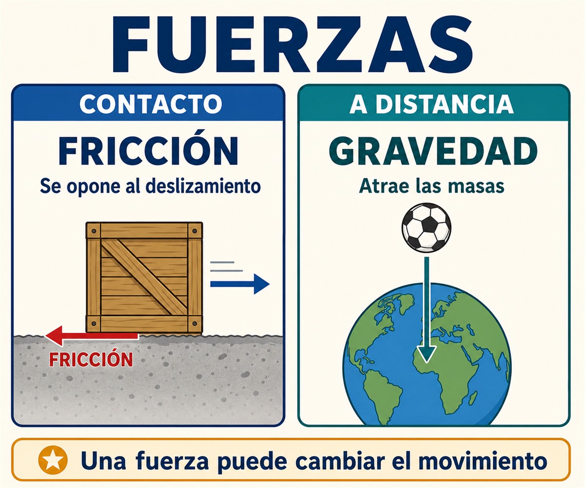 Infografía que compara la fuerza de fricción por contacto con la fuerza de gravedad que actúa a distancia.