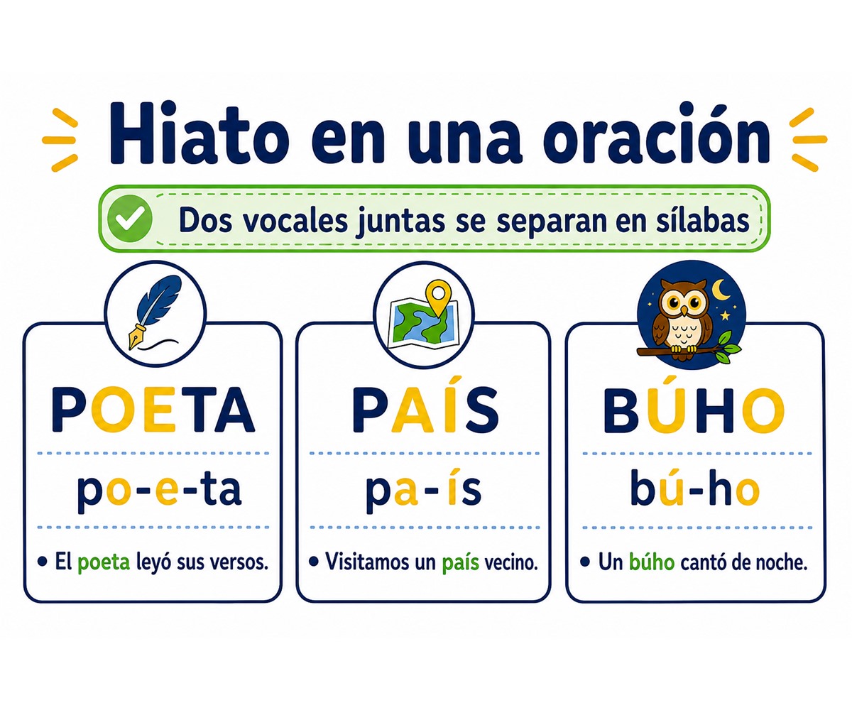 Infografía de hiatos en poeta, país y búho con su división silábica.